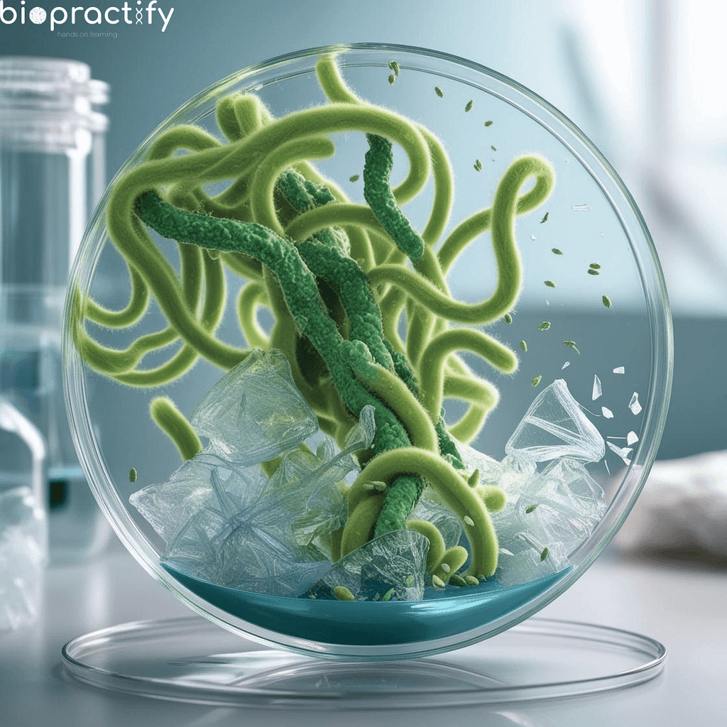 A close-up of biodegradable enzymes breaking down plastic at a molecular level.
A petri dish or lab experiment showing enzyme activity on plastic particles.
A conceptual illustration of plastic decomposition with a nature-reclaiming effect.