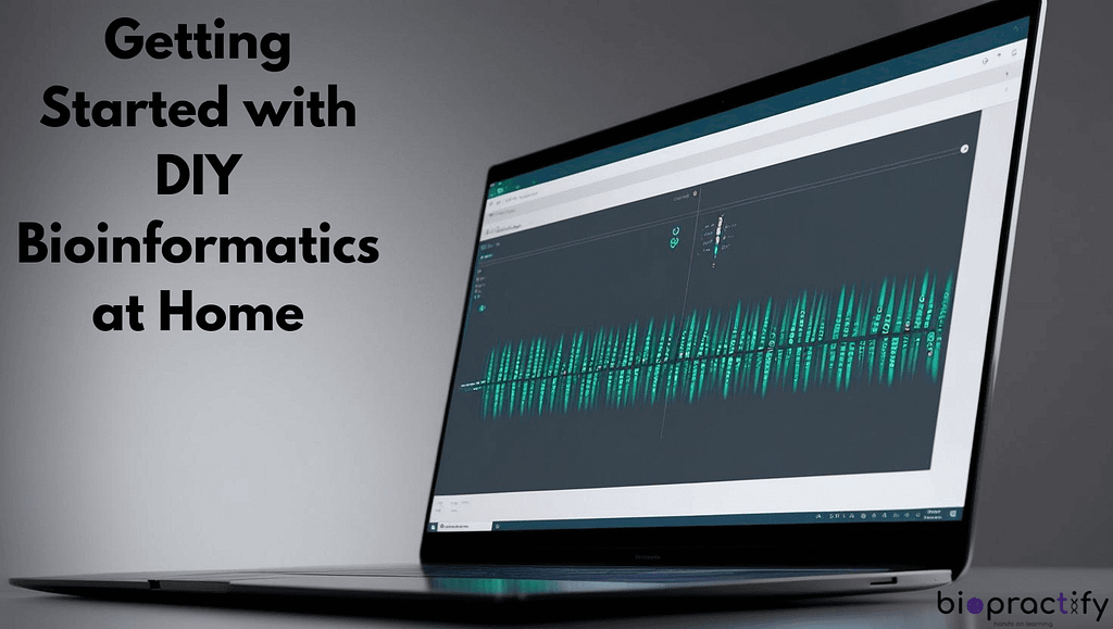 A laptop screen displaying a genetic sequence or bioinformatics software.