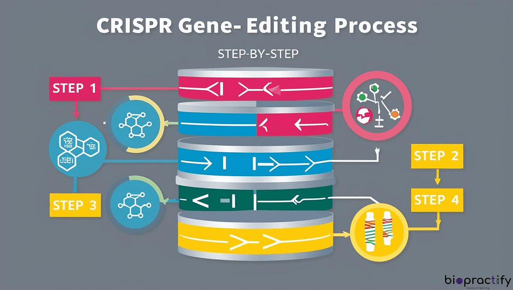 Step-by-Step CRISPR Process: A simplified infographic showing how CRISPR works (e.g., guide RNA targeting, Cas9 cutting, and DNA repair).