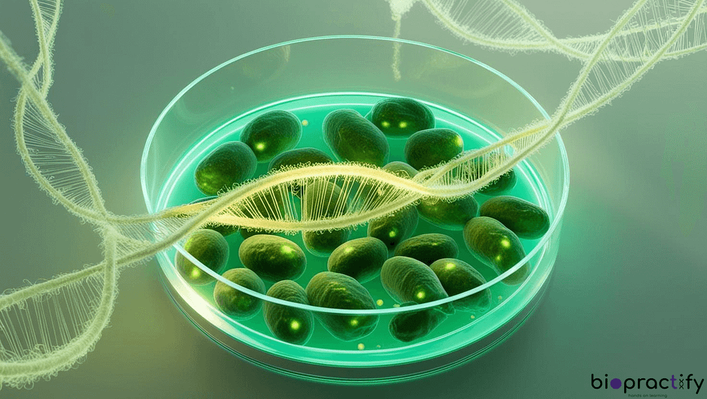 A glowing petri dish with bioengineered bacteria or DNA to represent citizen scientists experimenting in biotech.