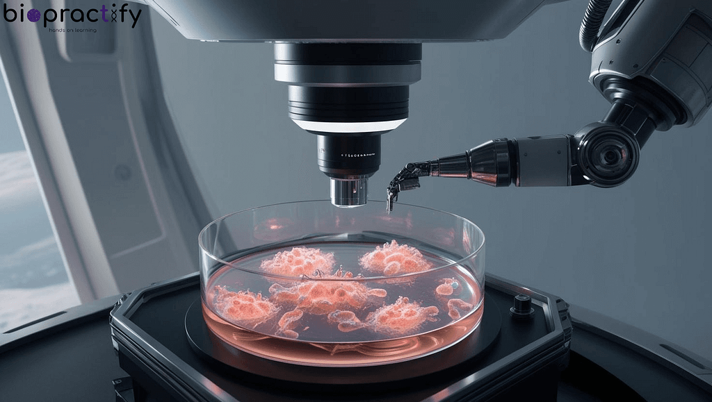 Robotic arm analyzing extraterrestrial microbial life in a petri dish inside a space lab, representing bioinformatics in space exploration.