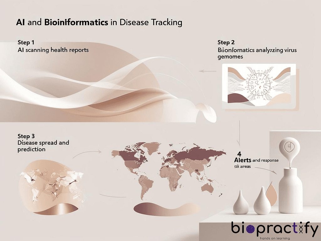 A step-by-step infographic showing how AI and bioinformatics track diseases.