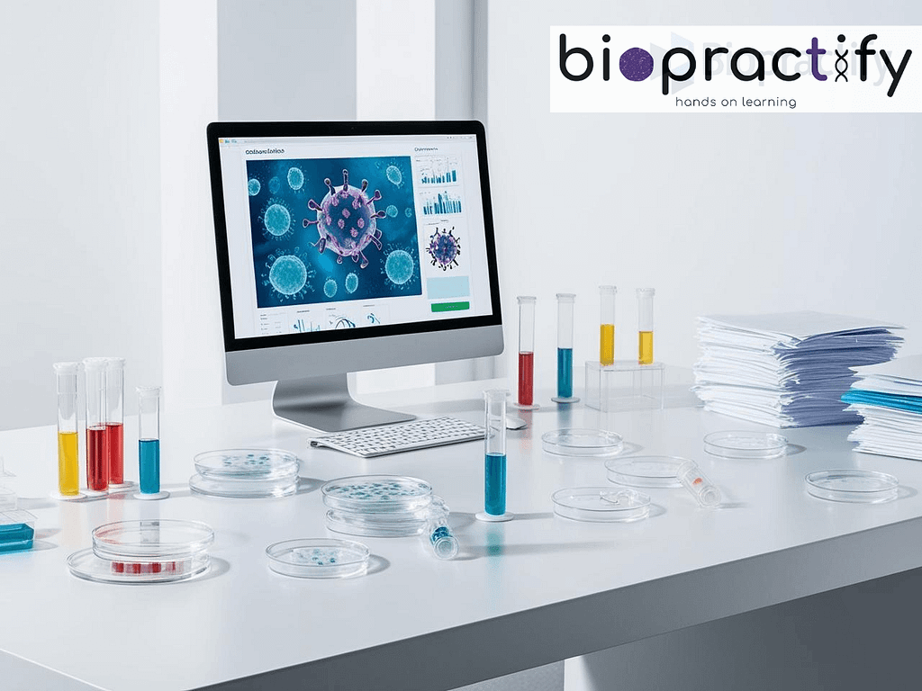 Modern laboratory workspace with a computer displaying viral analysis, petri dishes, and test tubes, representing bioinformatics in pandemic prediction