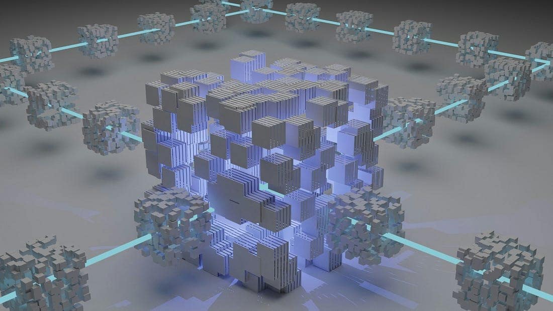 Digital representation of blockchain technology with interconnected nodes symbolizing secure and decentralized data storage.